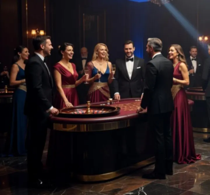 Wieczorny mobilny event casino z eleganckimi stołami i uczestnikami bawiącymi się przy grach