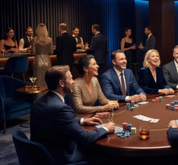 Goście bawiący się przy stole podczas heroicznego wieczoru pokerowego