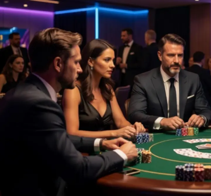 Profesjonalnie zorganizowany wieczór pokerowy z krupierem i eleganckim stołem