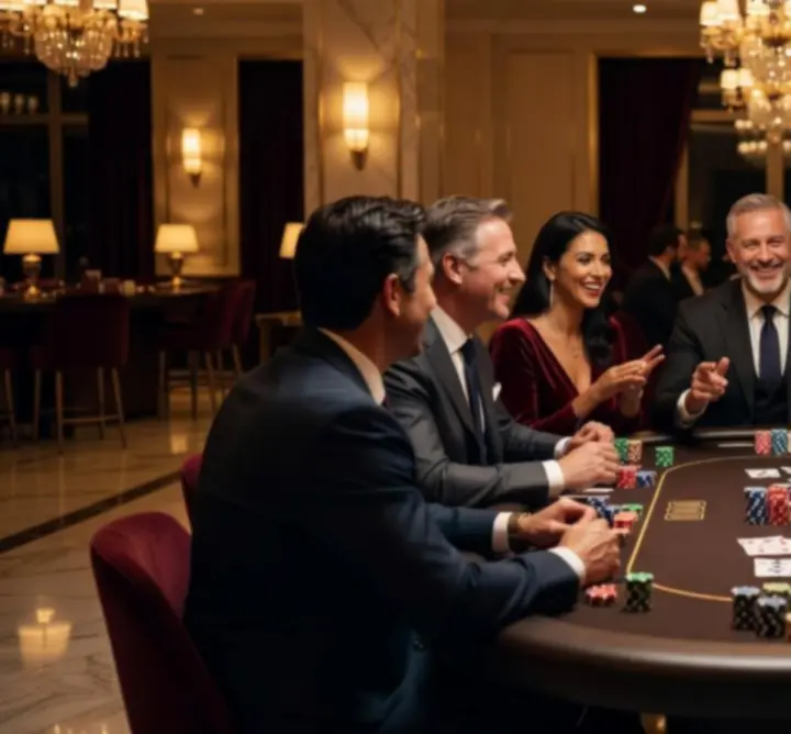 Goście przy eleganckim stole pokerowym podczas wieczoru pokerowego Play Motion Hub