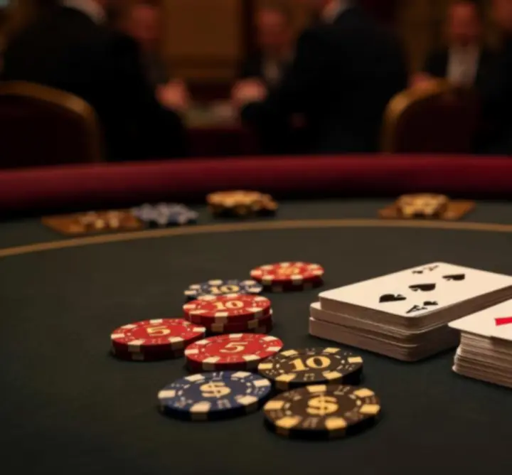 Zbliżenie na karty i żetony pokerowe używane podczas mobilnego wieczoru pokerowego